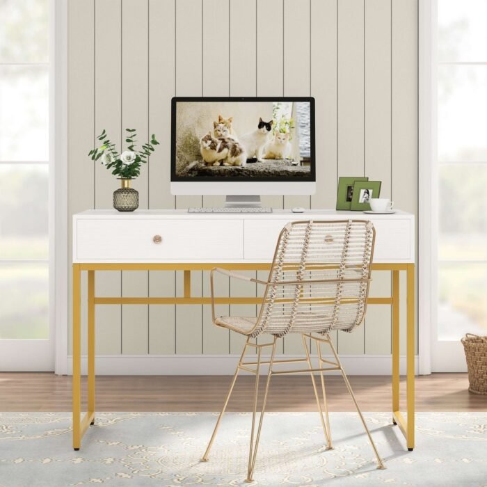Computer Desk with 2 Drawers, Multifunctional Study Writing Desk - Image 1