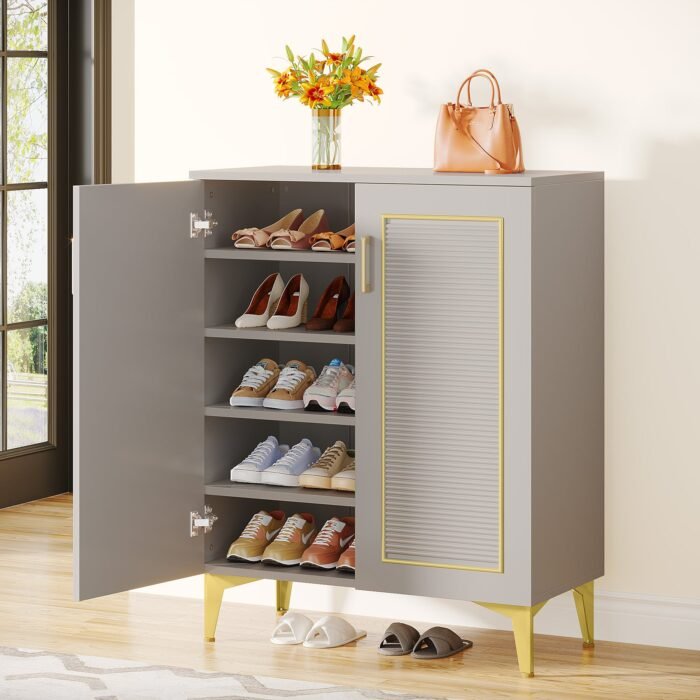 Shoe Cabinet, 5-Tier Shoe Rack Organizer with Removable Shelves & Doors - Image 1