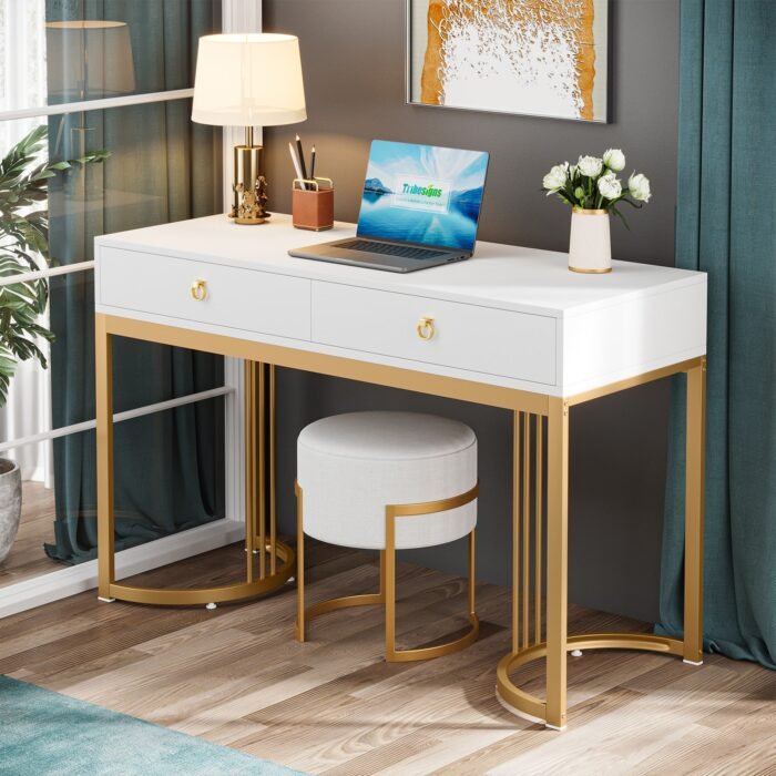 Computer Desk, 47 inch Modern Study Table with 2 Drawers - Image 4