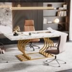 Executive Desk, 63? Modern Computer Office Desk with Faux Marble Top - Image 4