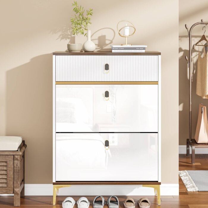 Shoe Cabinet, Slim Shoe Organizer Cabinet with 2 Flip Drawers - Image 4