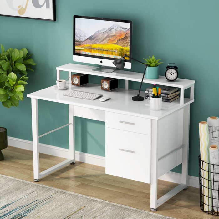Computer Desk, 47 Inches Modern Writing Desk with 2 Drawers - Image 1