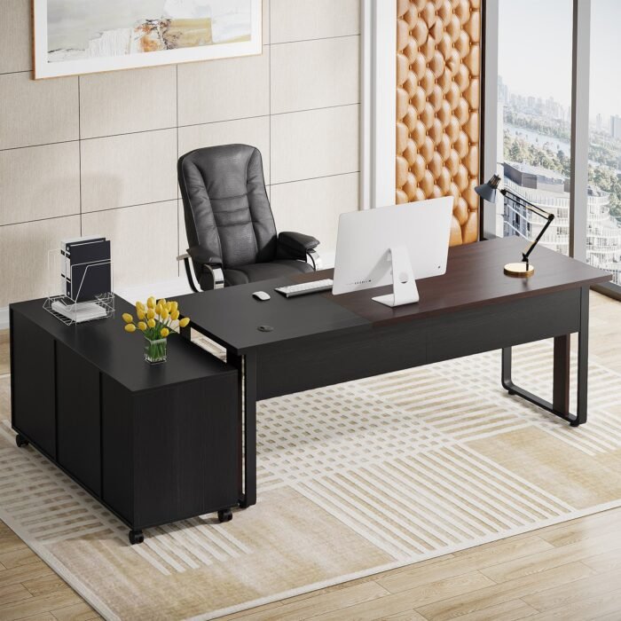 70.8? Executive Desk with 47? Mobile File Cabinet, L Shaped Computer Desk - Image 2