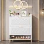 Shoe Cabinet, Freestanding Shoe Organizer with 2 Flip Drawers & Open Shelf