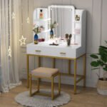 Vanity, Large Dressing Table Desk with Cushioned Stool - Image 4
