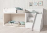 Floor-level bunk bed with ladder and storage slide