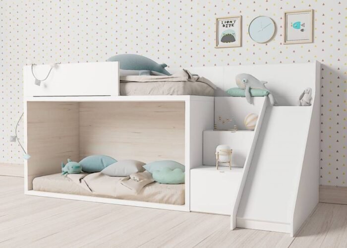 Floor-level bunk bed with ladder and storage slide - Image 1