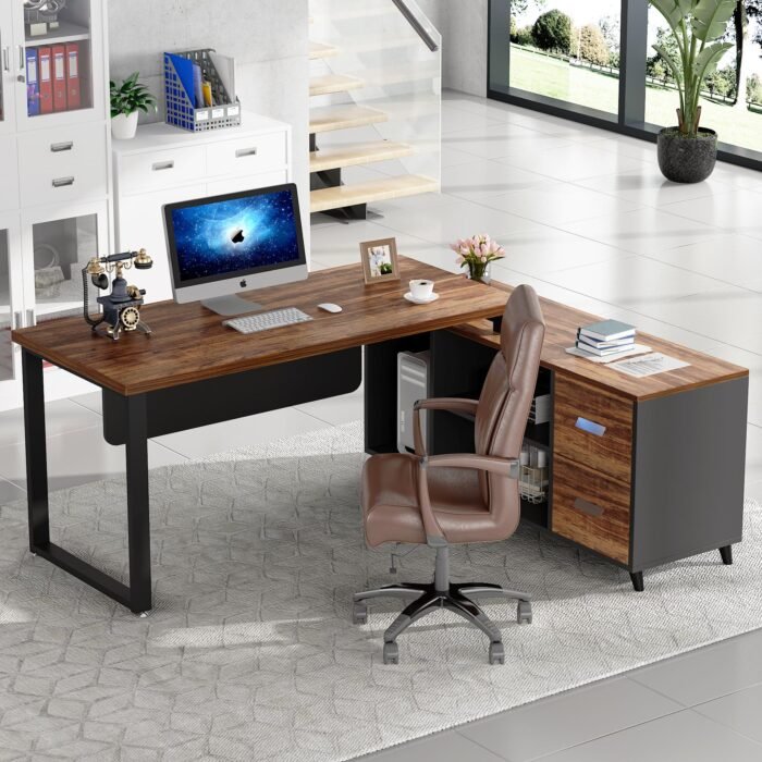 55 Inch L-Shaped Computer Executive Desk with 47 inch File Cabinet - Image 4