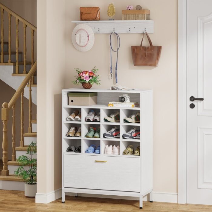 Shoe Cabinet, 3-in-1 Shoe Rack with Coat Rack & Flip Door - Image 4