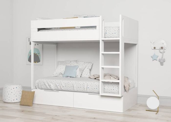 Children's bunk bed with integrated railing and ladder and trundle drawers - Image 1