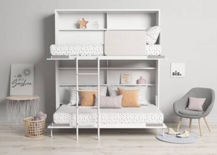 Horizontal folding bunk bed 90x190 with ladder shelf and protector