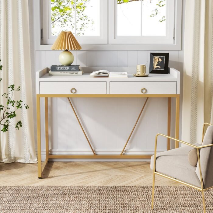 Computer Desk, 43 inch Modern Study Desk Writing Table with 2 Drawers - Image 4