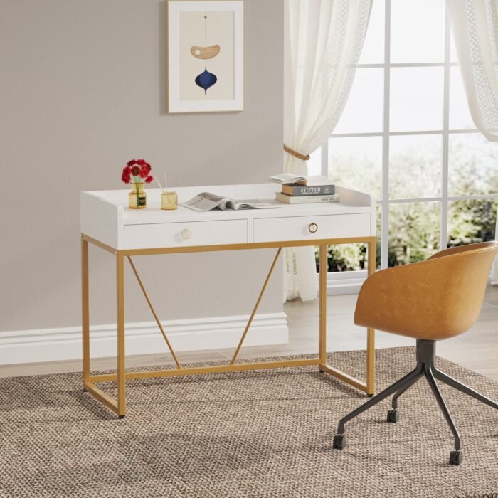 Computer Desk, 43 inch Modern Study Desk Writing Table with 2 Drawers - Image 5