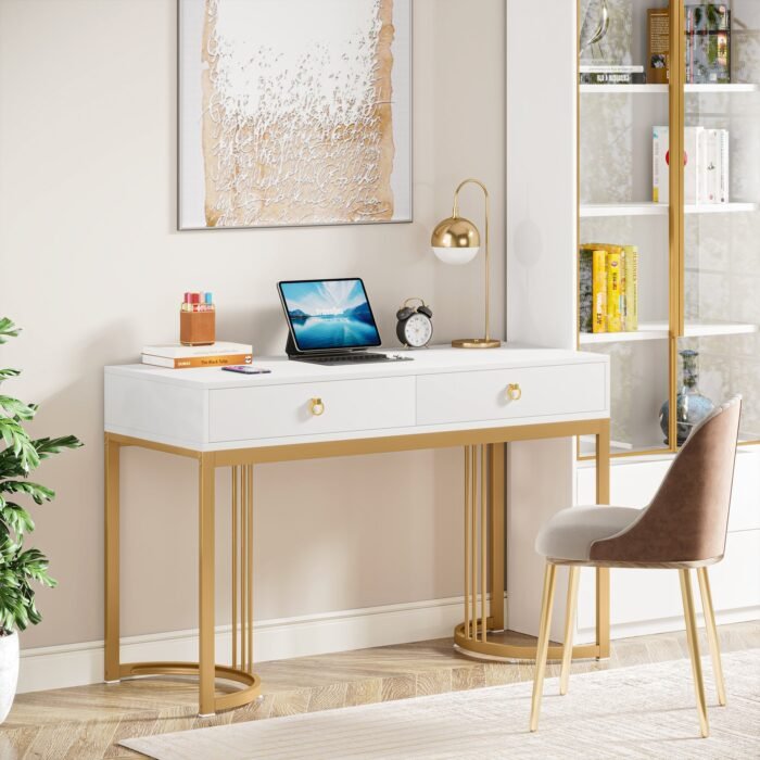 Computer Desk, 47 inch Modern Study Table with 2 Drawers - Image 2