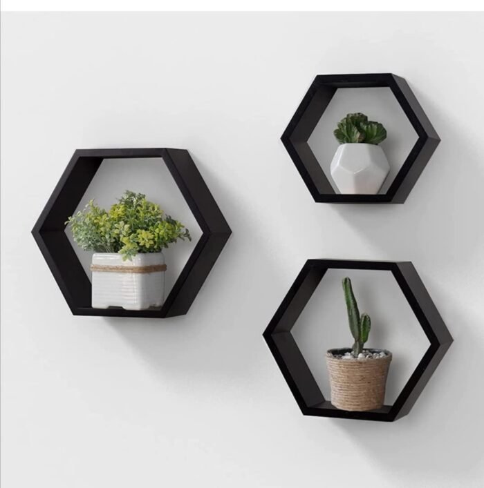 Wall Shelf - Set of 3 Pcs - Hexagon Shaped -Grey - Image 2