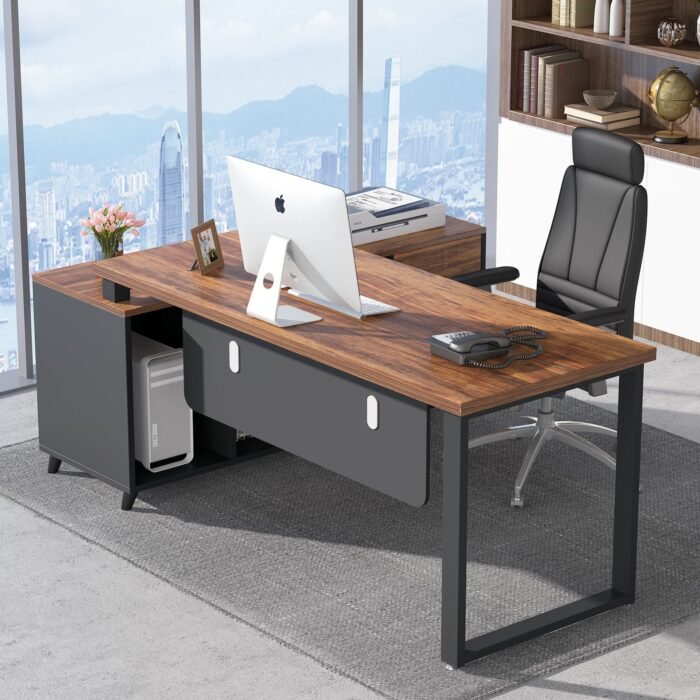 55 Inch L-Shaped Computer Executive Desk with 47 inch File Cabinet - Image 6