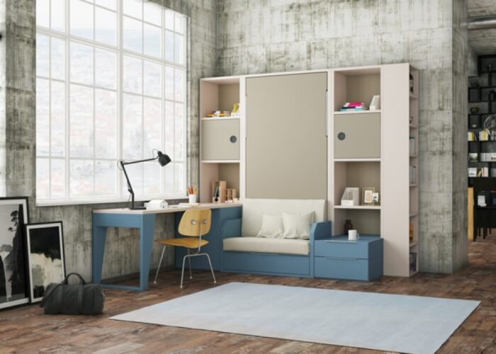Vertical folding bed with integrated single sofa and study area - Image 1