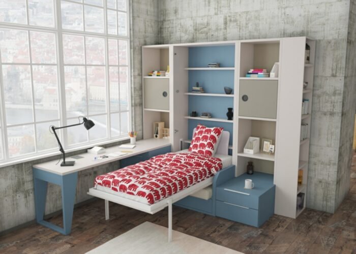 Vertical folding bed with integrated single sofa and study area - Image 2