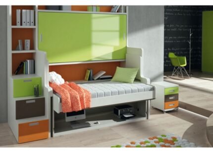 Children's bedroom with fold-down bunk bed. The front of the lower bed includes a folding desk.
