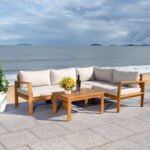 A wooden corner sofa that accommodates 6 people.