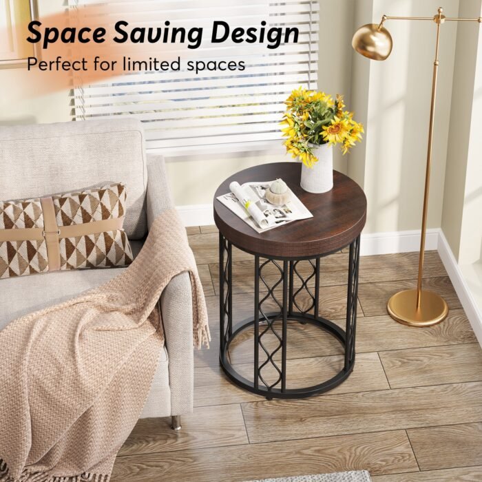 End Table, Round Side Table Nightstand with Metal Frame - Image 6