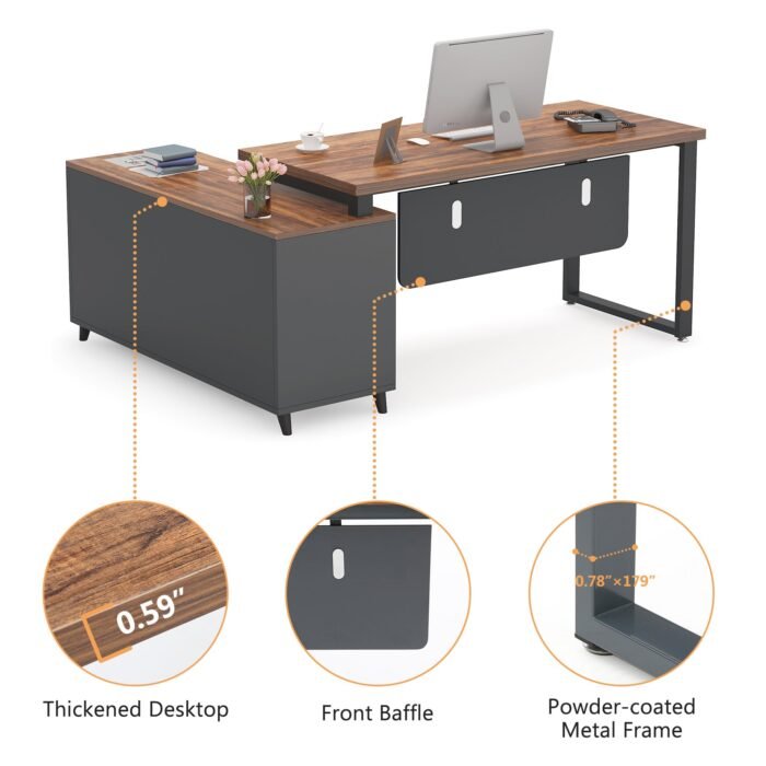 55 Inch L-Shaped Computer Executive Desk with 47 inch File Cabinet - Image 7