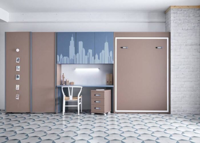 Youth bedroom with a 135 cm vertical folding bed with wardrobe and study area - Image 1
