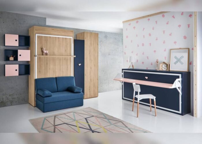 Shared youth bedroom with two folding beds; one with a folding desk and the other with a sofa - Image 1