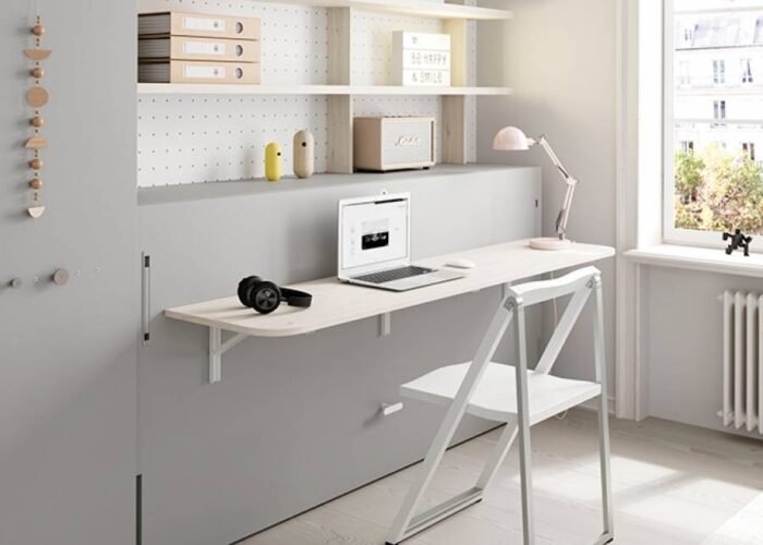 Horizontal folding bed with desk from the UD series, with corner wardrobe and stacked bookcase - Image 4