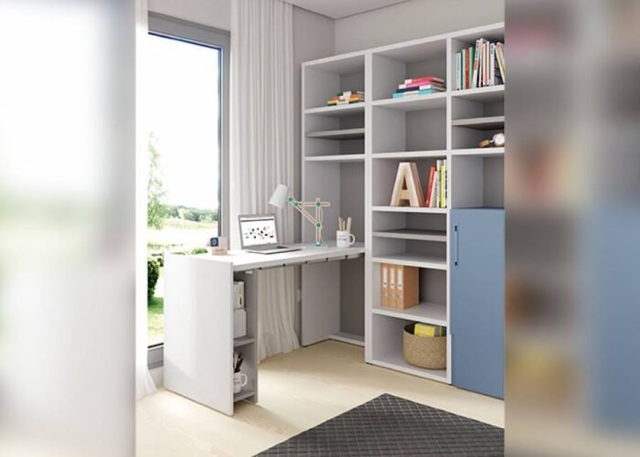 U+D series horizontal folding bed inserted in an asymmetric bookcase with extendable table - Image 3