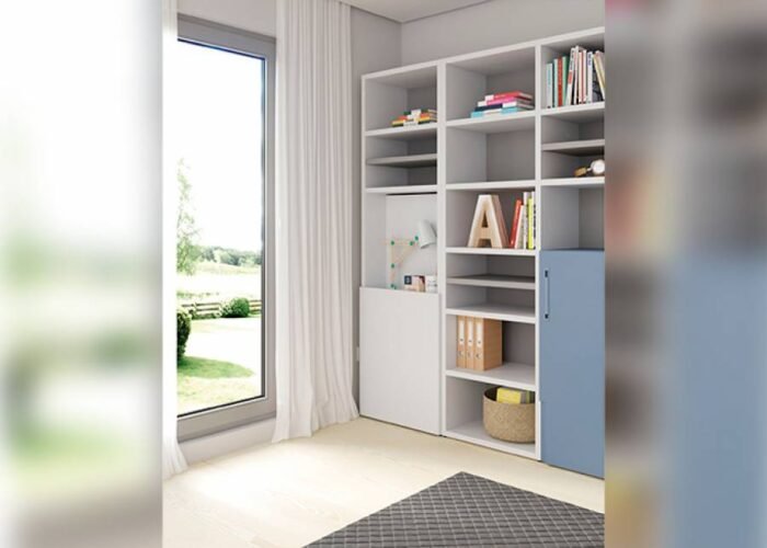 U+D series horizontal folding bed inserted in an asymmetric bookcase with extendable table - Image 4
