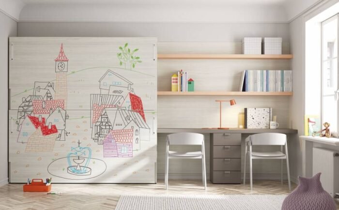 Horizontal folding bunk bed with large study area for 2 people - Image 2