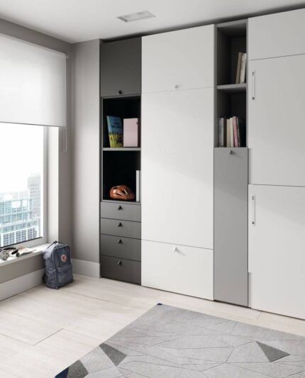 Horizontal folding bunk bed and vertical folding table.