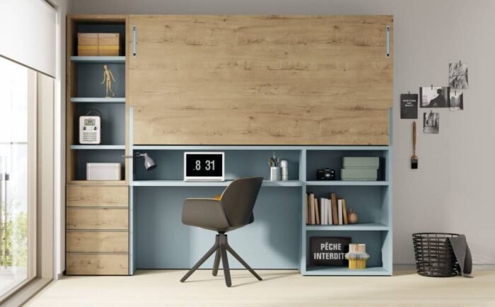High freestanding horizontal folding bed with study area and bookcases - Image 1
