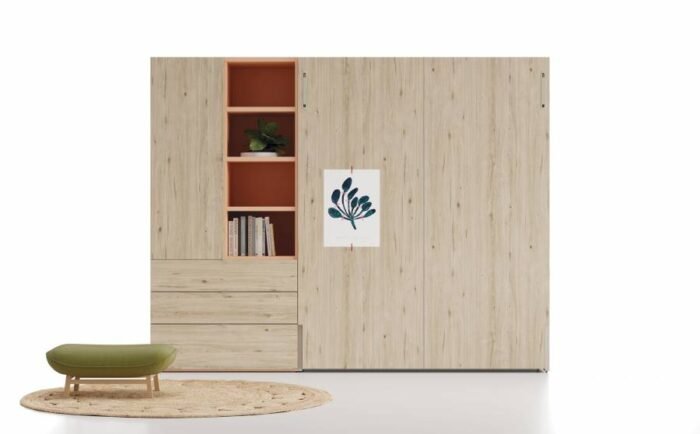 Vertical folding double bed with wardrobe and bookcase - Image 1