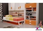 Horizontal folding bed with desk, upper wardrobe and bookcase.