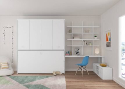 Horizontal folding bed with upper wardrobe and desk