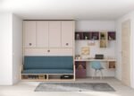 Horizontal folding bed with sofa, upper wardrobe and study area