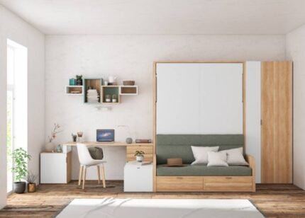 Horizontal folding bunk bed with sofa, trundle bed and 2 desks