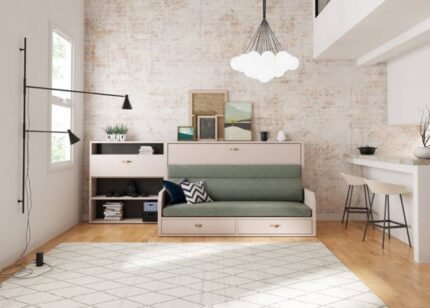 Horizontal folding bed with integrated sofa and study table