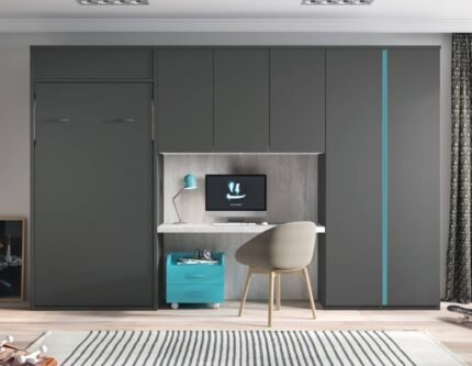 Study with vertical folding window measuring 90 x 190 + wardrobes and study area.