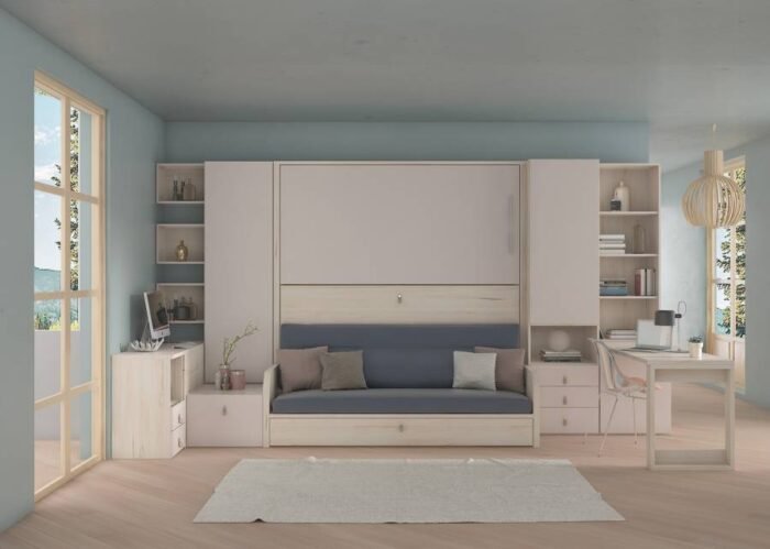 Youth bedroom with fold-down bunk bed with sofa and 2 study areas - Image 1
