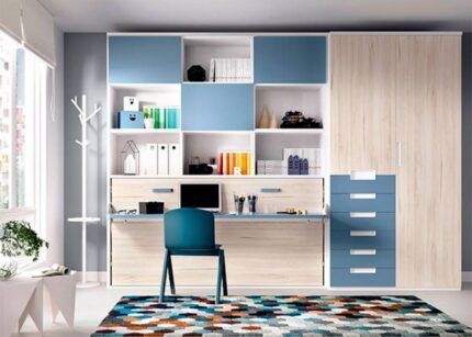 Horizontal folding bed with folding desk, wardrobe and bookcase