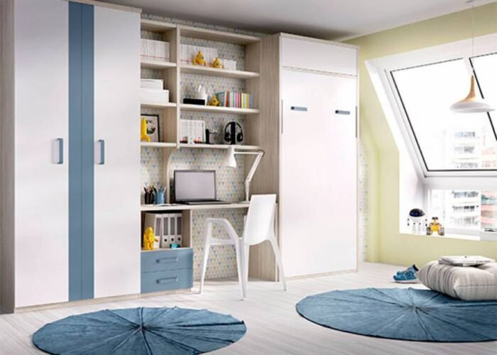 Youth bedroom with vertical folding bed, study area and wardrobe - Image 1