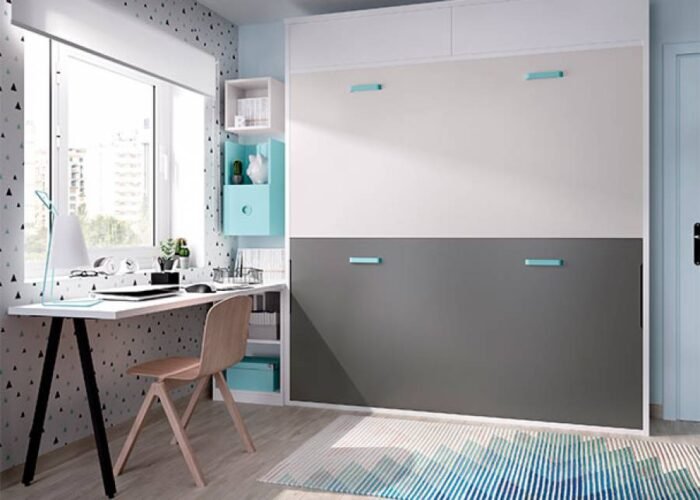 Children's bedroom with horizontal folding bunk bed and study area - Image 1