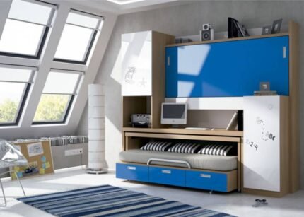 Folding bed with compact and extendable table