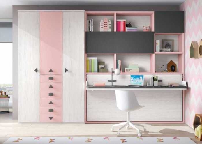 Youth bedroom with folding bed, wardrobe and desk - Image 1