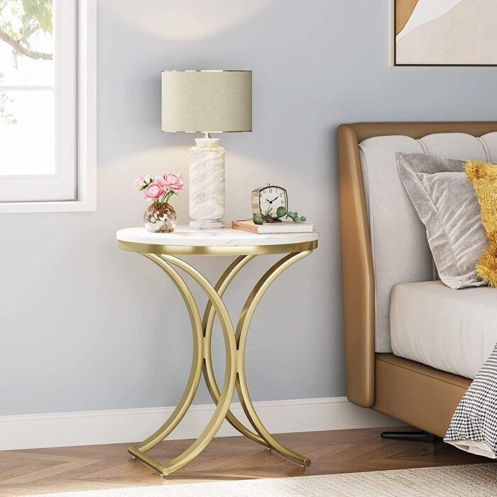 End Table, Round Sofa Side Table Coffee Table with Gold Metal Frame - Image 5