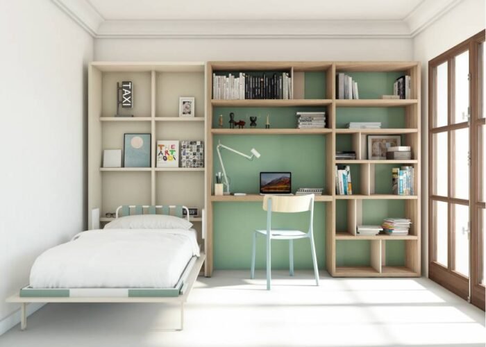 Student residence with a folding bed and a study area with a bookcase - Image 3