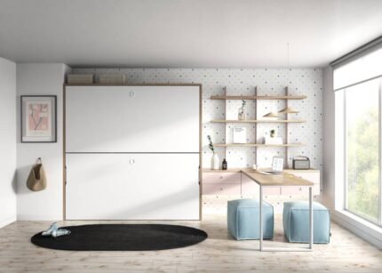 Children's room with folding bunk bed and adjustable bookshelf